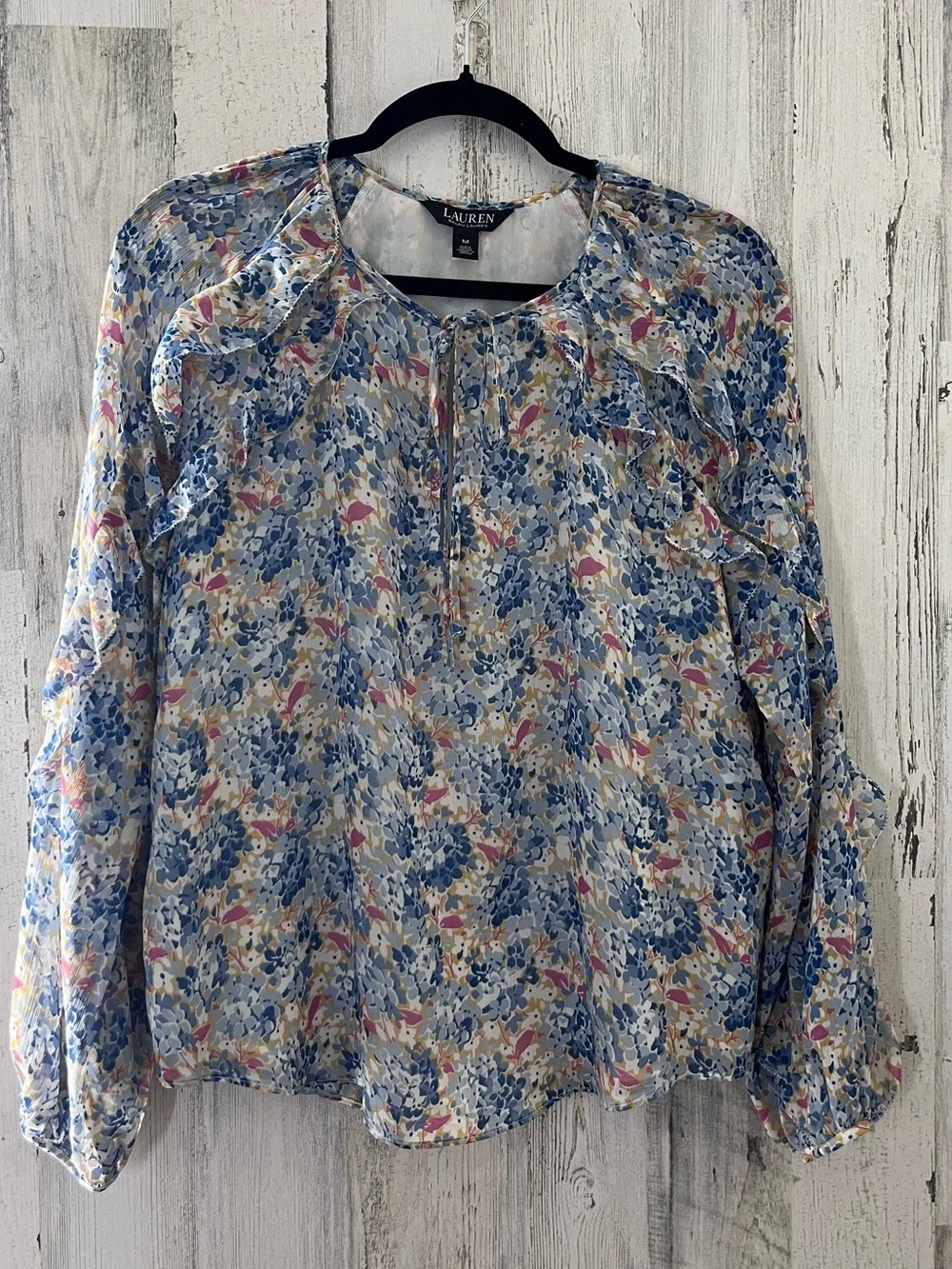 Lauren Ralph Lauren Floral Crinkle Georgette Tie-Neck Blouse Medium